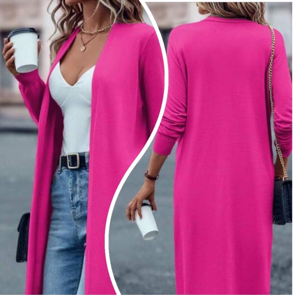 Textured Bouclé Cardigan Sweater Thick All Season Knit Pink Plum Magenta Size XL